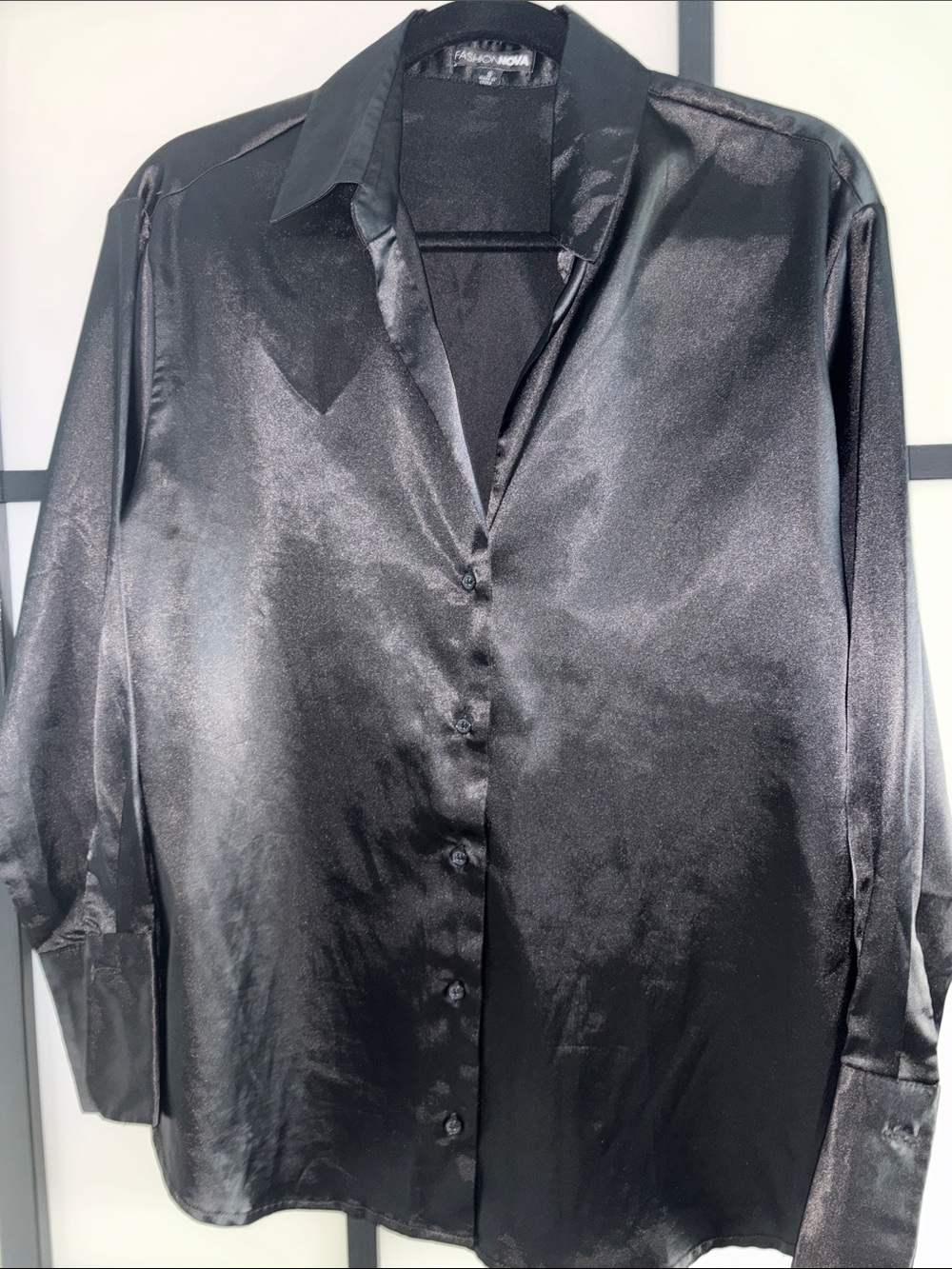 Fashion Nova Feelin Popular Button-Down Satin Shirt in Black